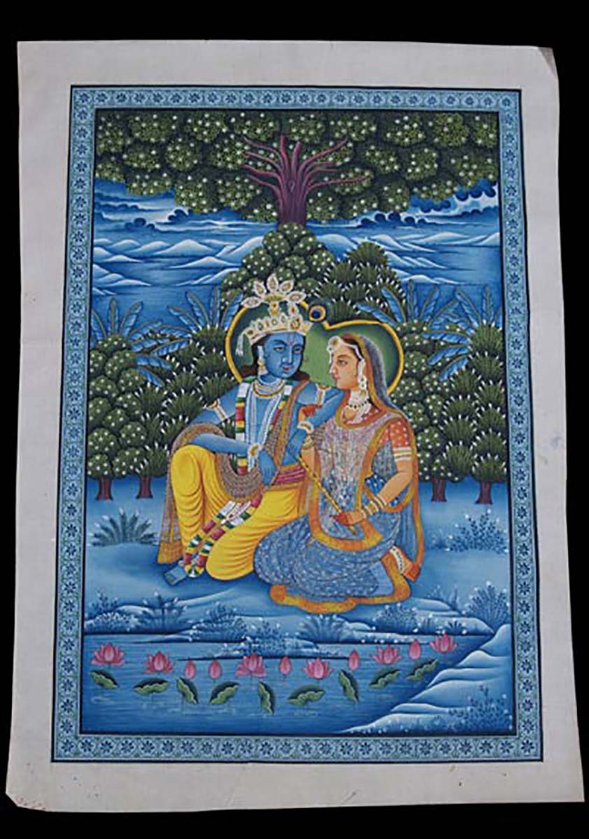 Beautiful Watercolor Painting of Lord Krishna with Radha Holding Flute 32" x 22"